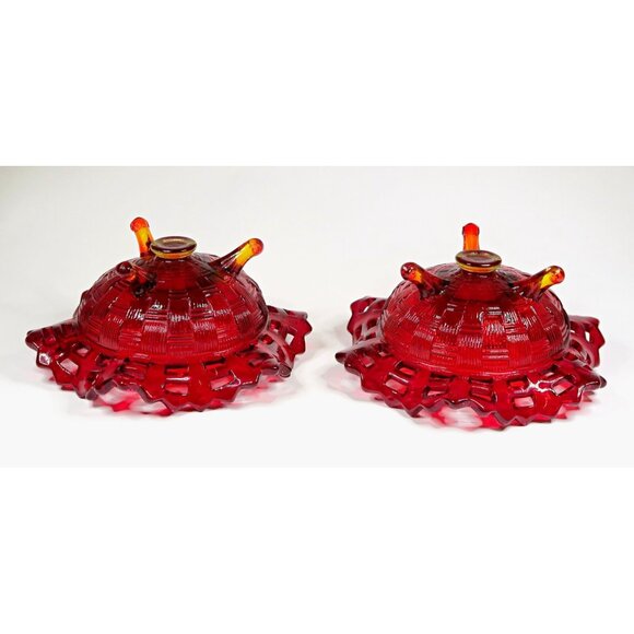 Fenton Red Amberina Basketweave Open Edge Candlestick (Set of 2) 1930s Glass - Picture 6 of 6